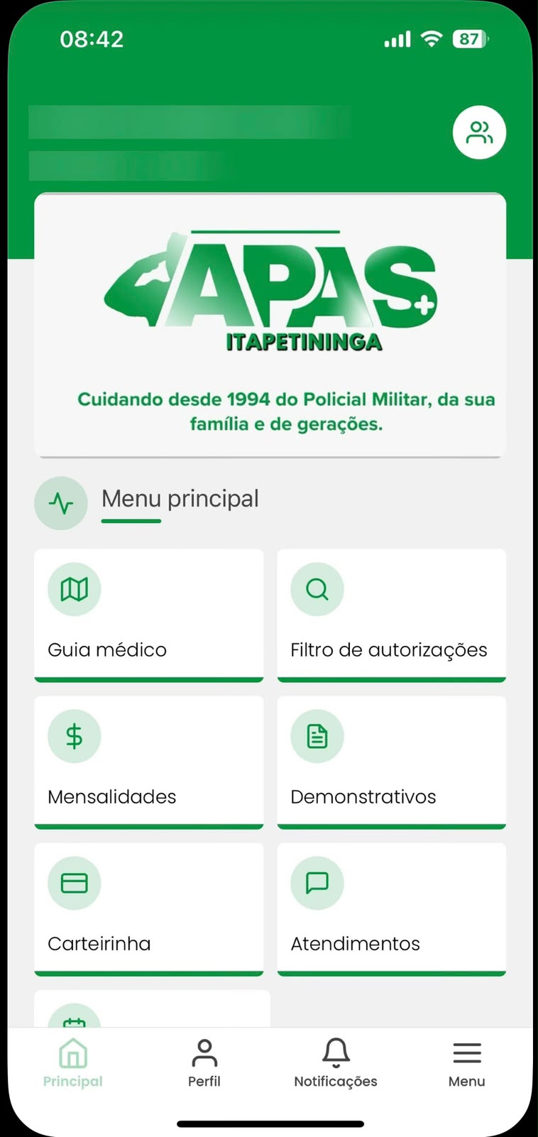 Tela inicial do app APAS com o menu principal